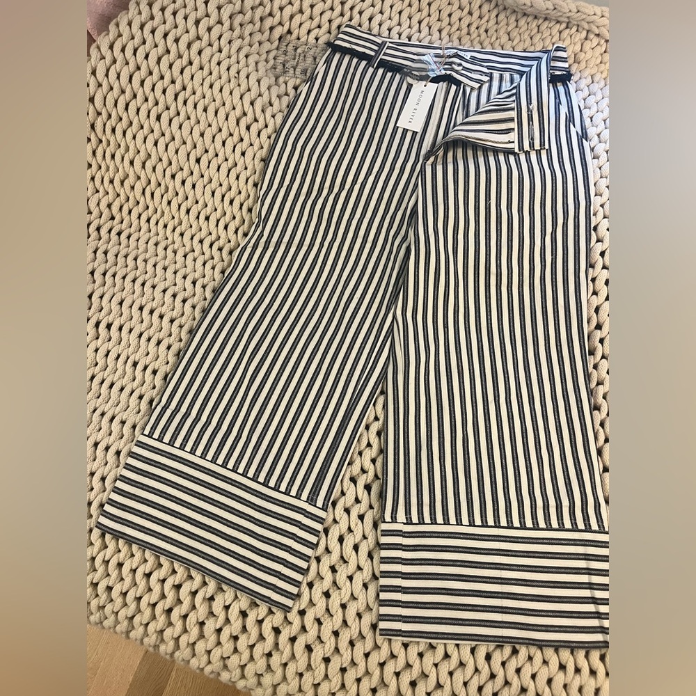 Moon River Navy and Cream Striped Pants with Fringed Waist